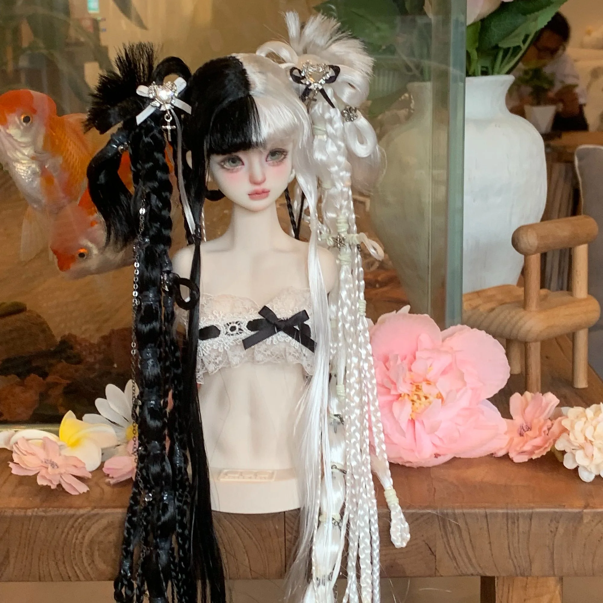 Doll hair dark style doll wig, yin-yang wig, double ponytail wig doll accessories wig free shipping