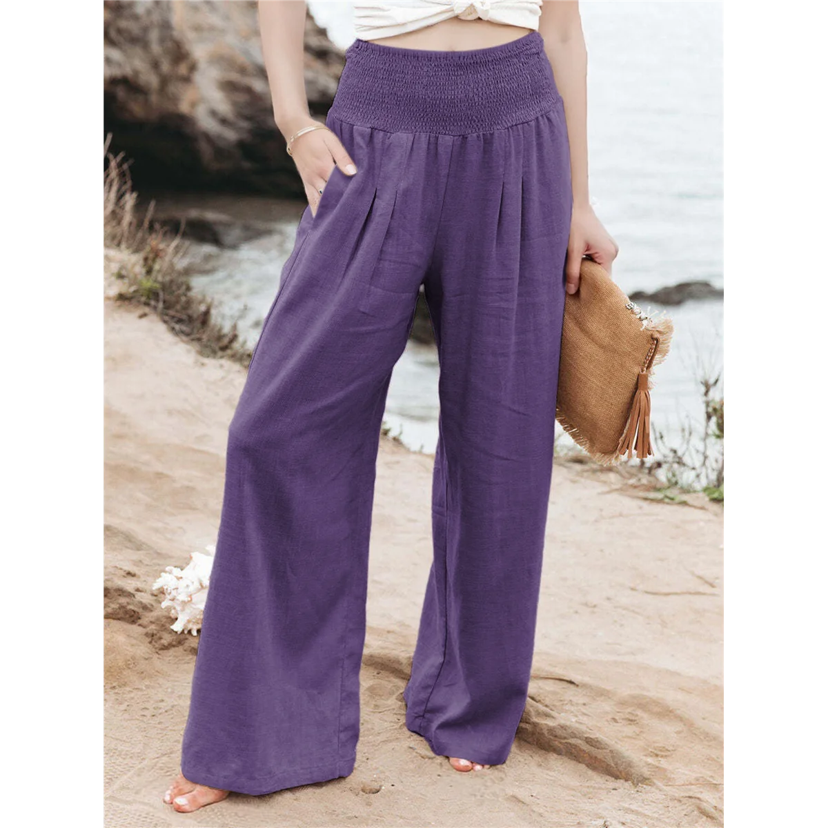 

CYL-Women Linen Palazzo Pants Purple M