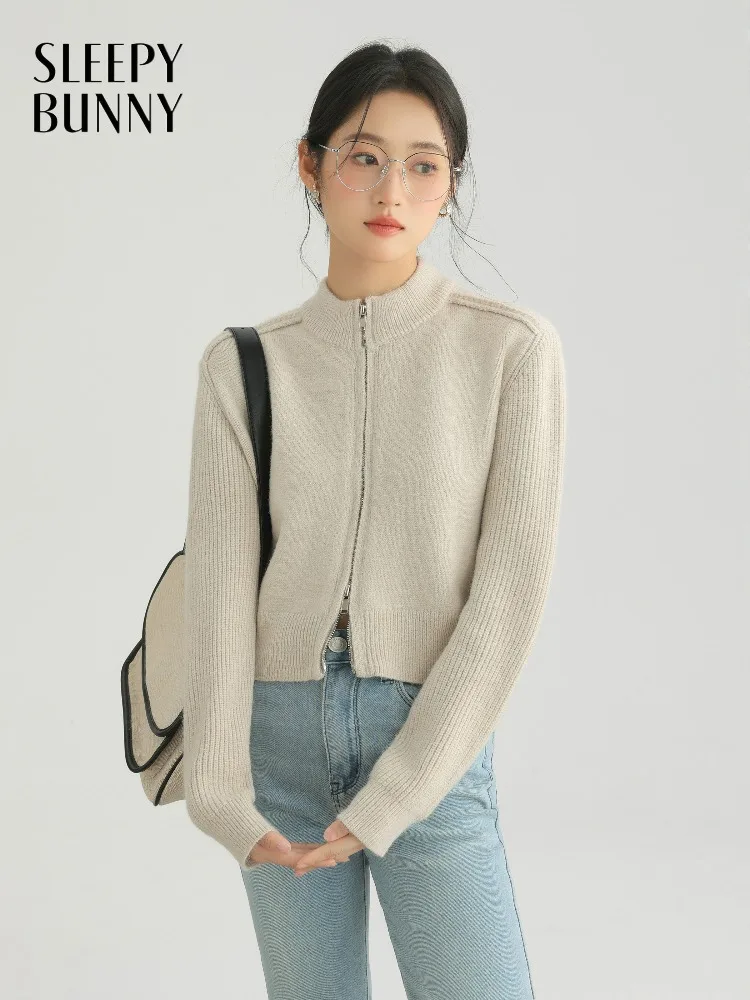 

Модный тонкий вязаный кардиган для женщин, короткий свитер на молнии, куртка на осень-зиму, повседневная элегантная верхняя одежда с воротником-стойкой для многослойного использования