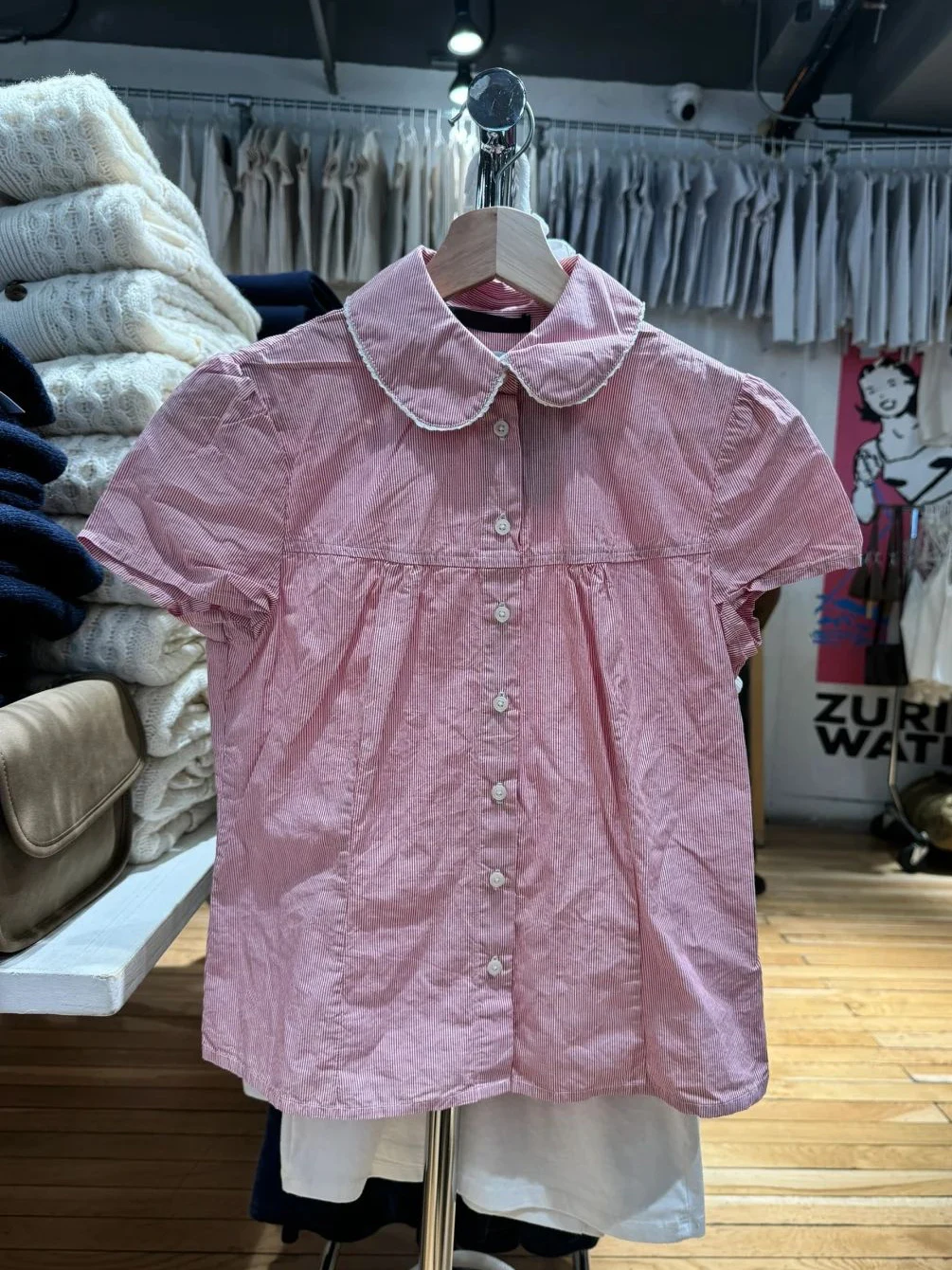 Rood Gestreepte Slanke Korte Mouw Blouse Dames Kanten Afwerking Peter Pan Kraag Single Breasted Blouses Preppy Stijl Zoete Casual Shirts