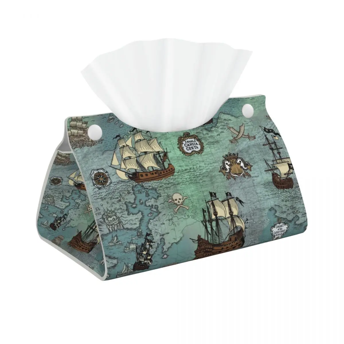 Custom Pirate Map Nautical Sea Print Tissue Box Cover Rectangular PU Leather Skull Sailor Facial Tissues Holder for Office