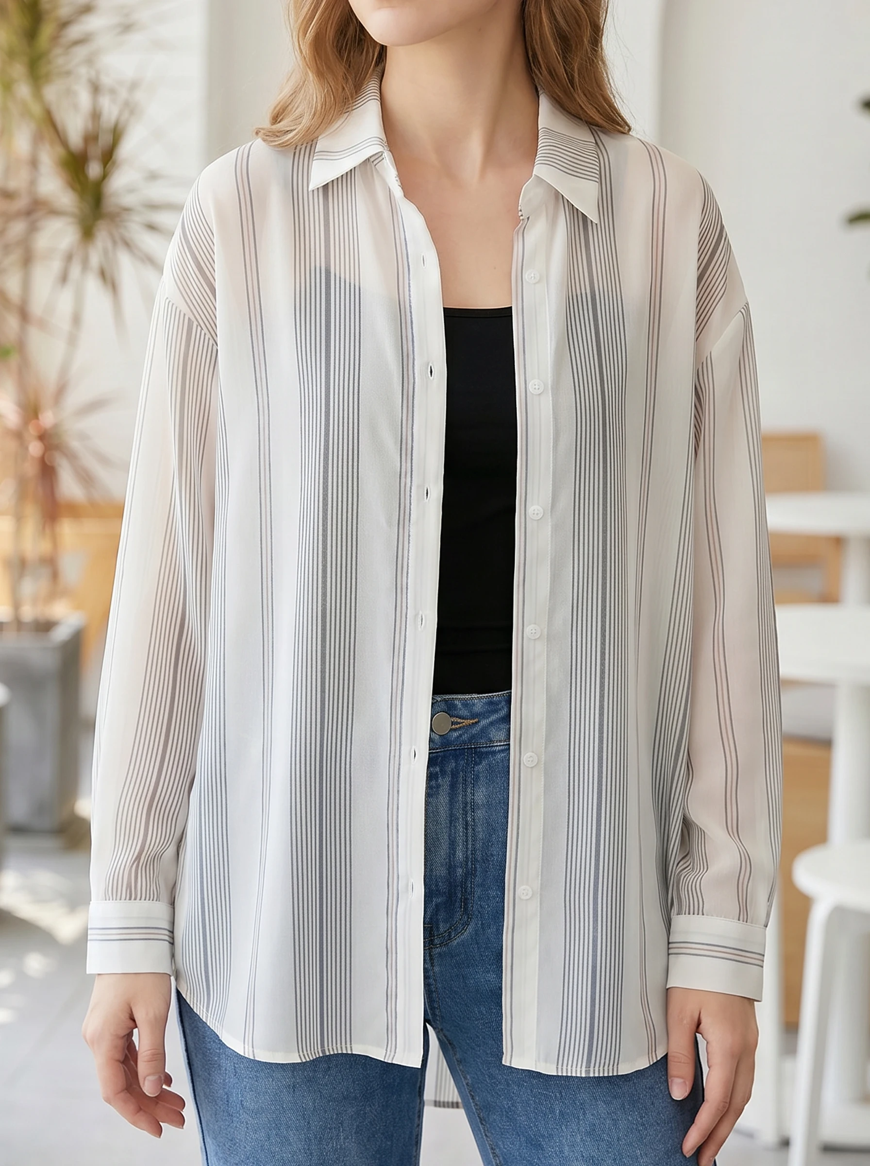 

Gadinus Women's Loose Fit Striped Button Down Shirt Long Sleeve Collared Casual Blouse