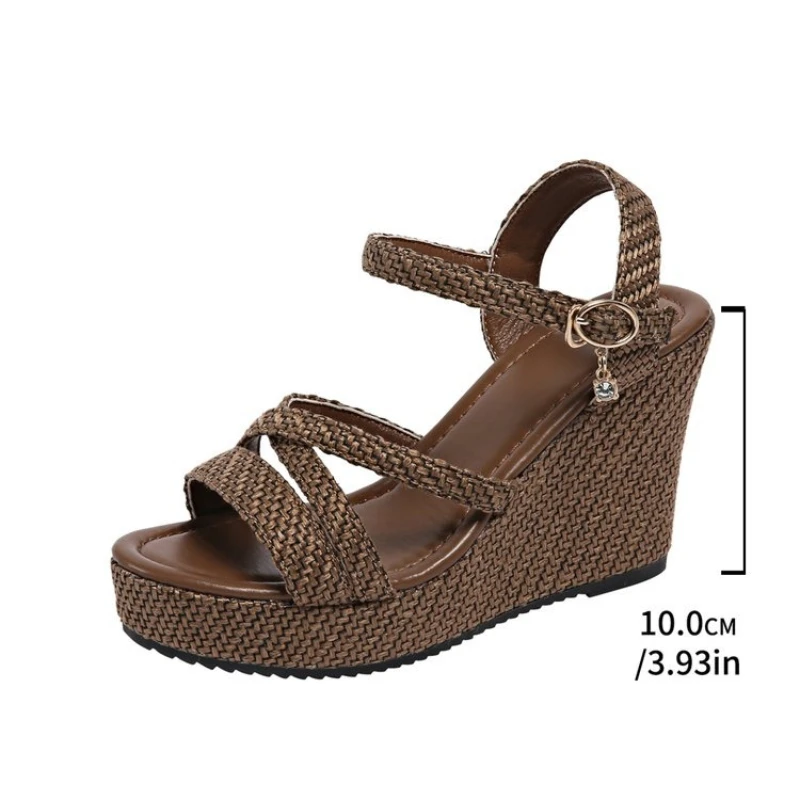 Ladies Fashion Round Head Open-toe Braided Waterproof Platform Sandals Summer New Style Slope Heel Plus Size Womens Sandals