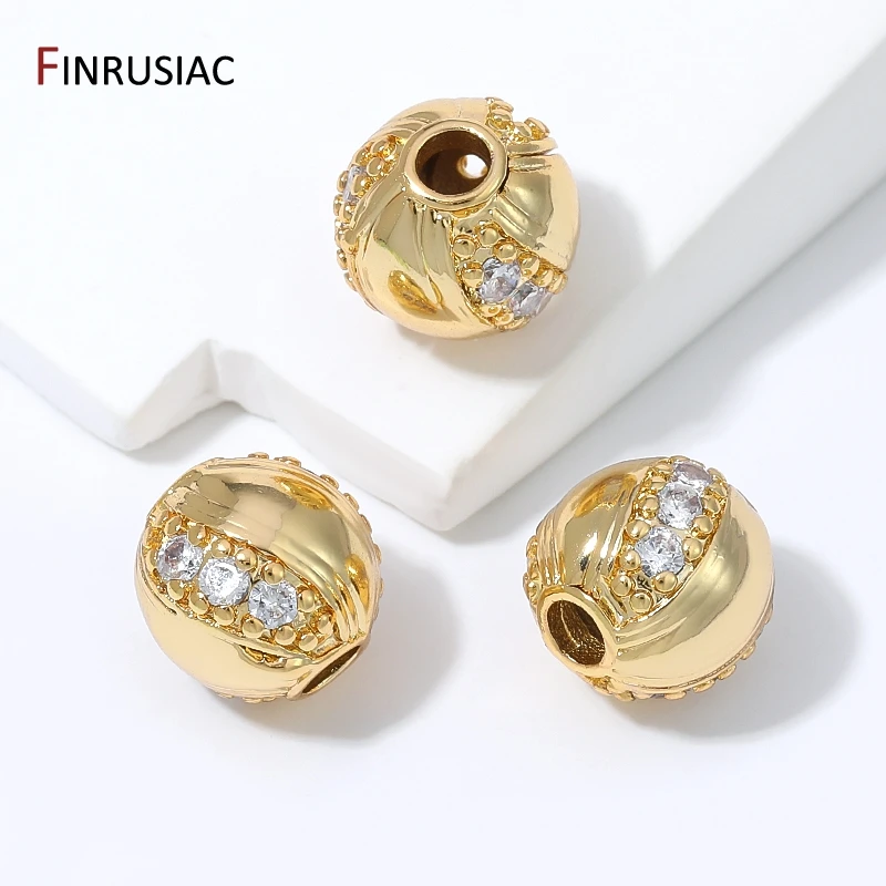 18k Gold Plated Brass Round Spacer Bead Zircon Concave Groove Texture Large Hole Metal Bead For DIY Jewelry Making Accessories