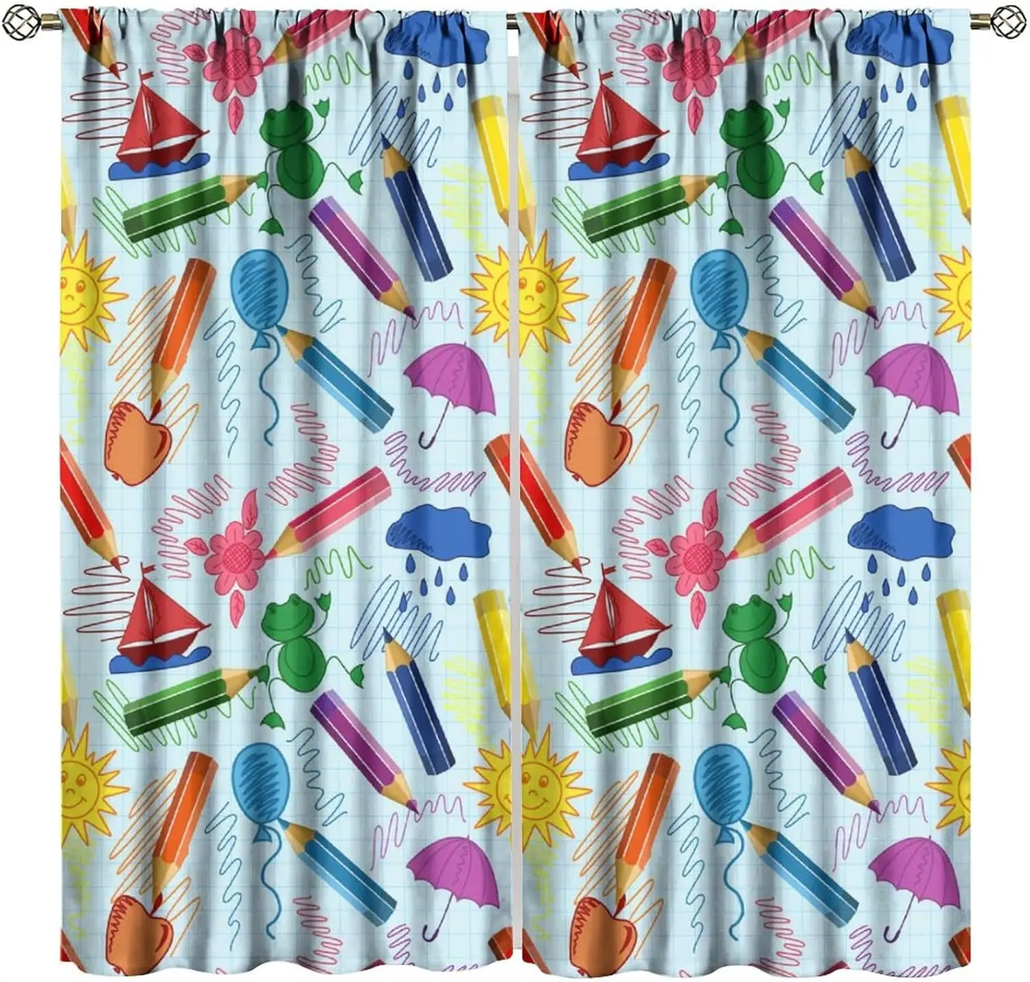 Kids Watercolor Cartoon Pencil Decorative Curtains, Colorful Cute Crayon Art Print Window Drapes, for Girls Boys Living Bedroom