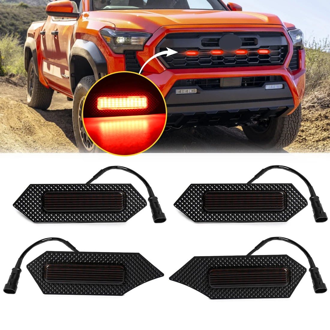 4pcs Front Grille Lights For Toyota Tacoma 2024 LED Grill Light Amber Warning DRL Daytime Running Daylights with Wire 12V