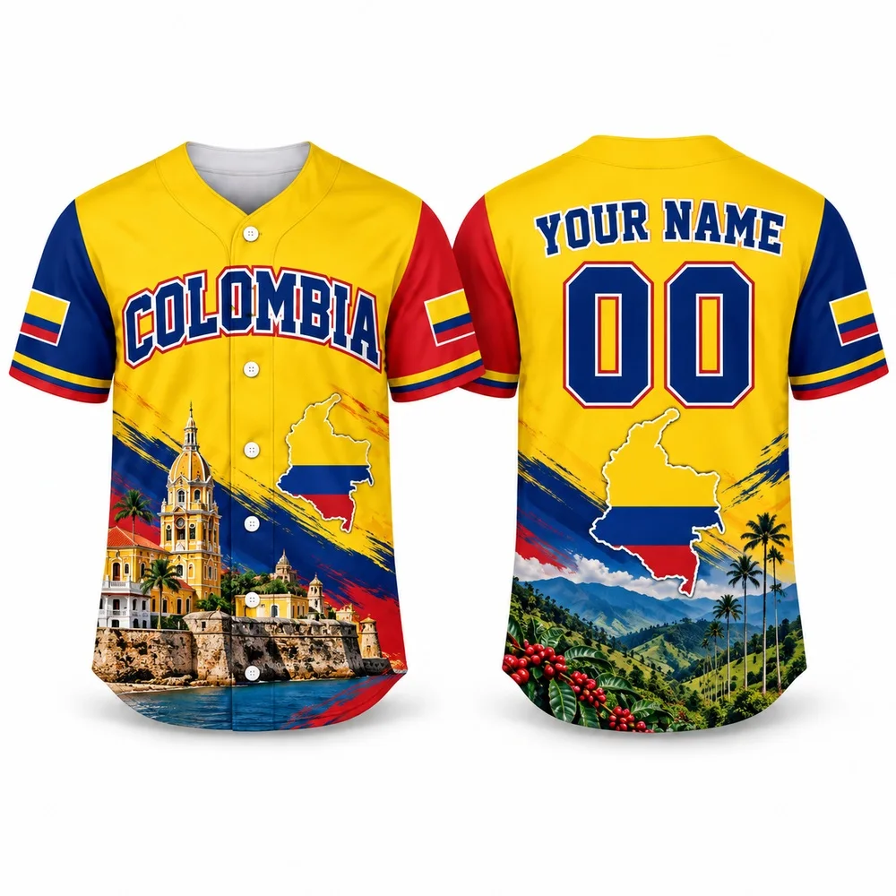 DIY Colombia Baseball Jersey in Yellow Blue Red with Coffee Landscapes Jerseys Shirt Custom Name Number Shirts for Men Women
