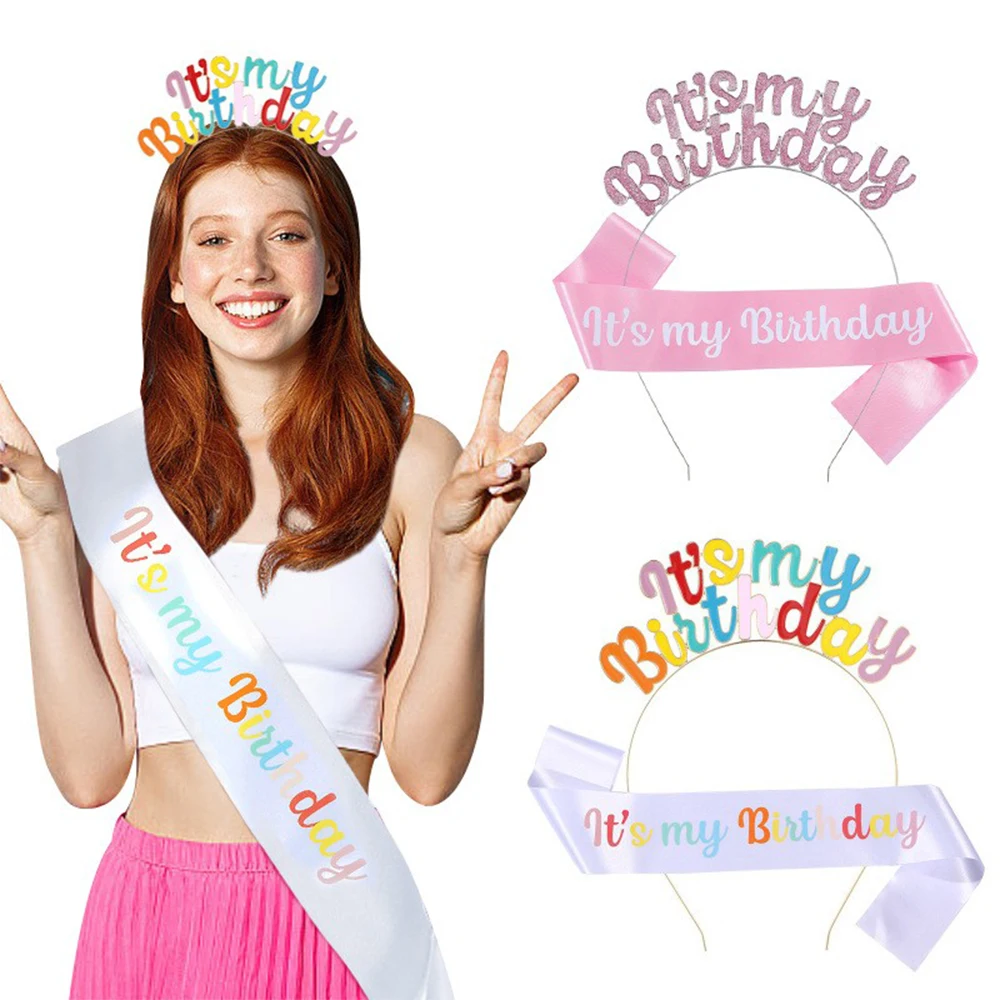Birthday Crowns Hair Bands Set for Women Girls Children Gifts Shoulder Strap Party Decoration Happy Birthday Head Accessories