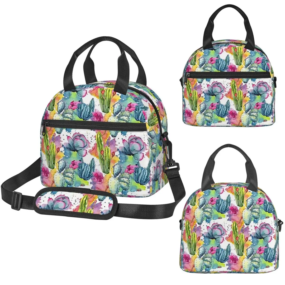 Exotic Wildflower Cactus Pattern Watercolor Style Stylish Insulated Lunch Bag for Kids School Cooler Thermal Box Lunch Boxes