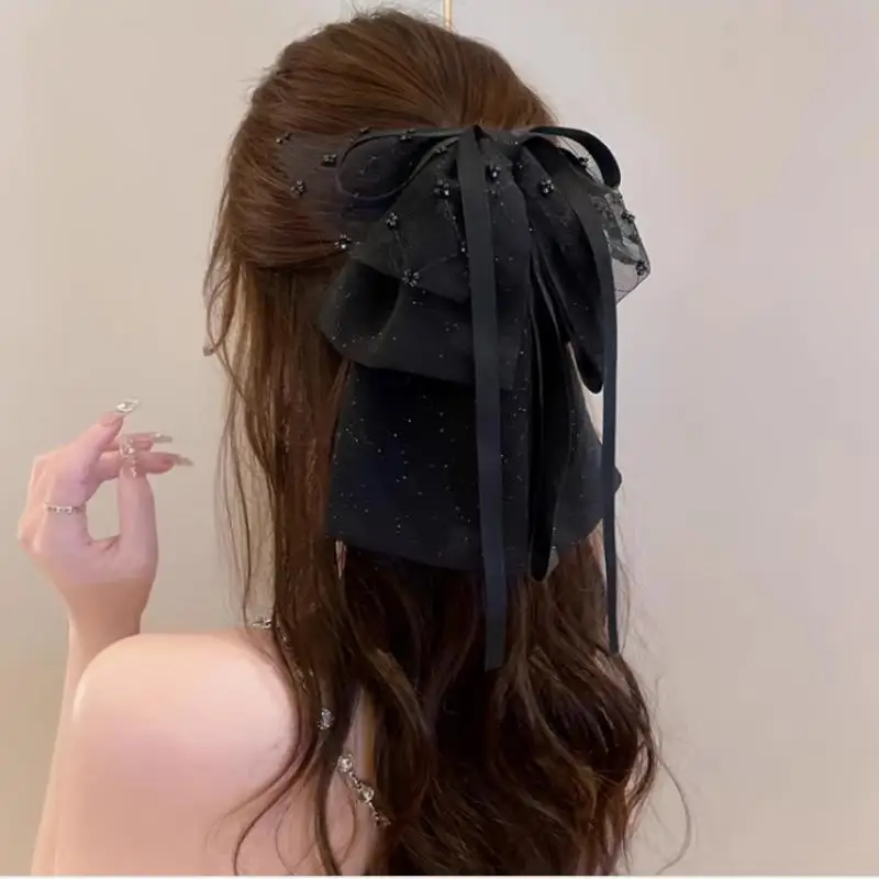 شبكة سوداء القوس الترتر مشبك شعر سلسلة هامش القرش كليب القوس شرابة فراشة مشبك شعر ذيل حصان دبوس الشعر العصرية إكسسوارات الشعر