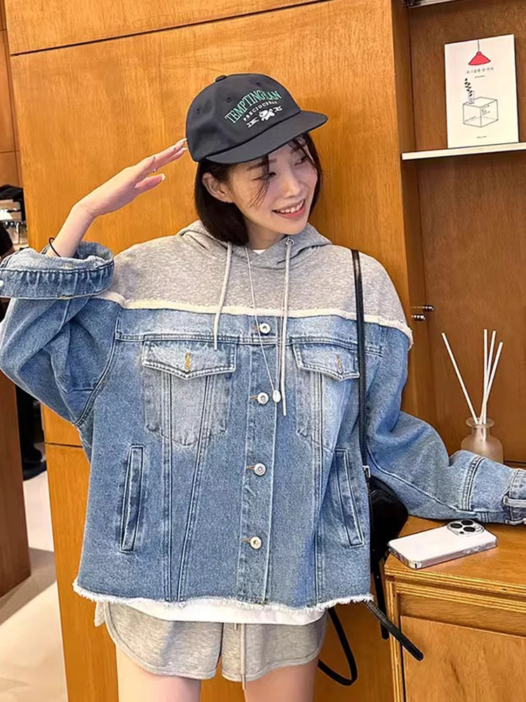 Felpe con cappuccio alla moda in stile coreano Giacca di jeans dal design di giunture Streetwear Giacca di jeans monopetto unica e di nicchia da donna