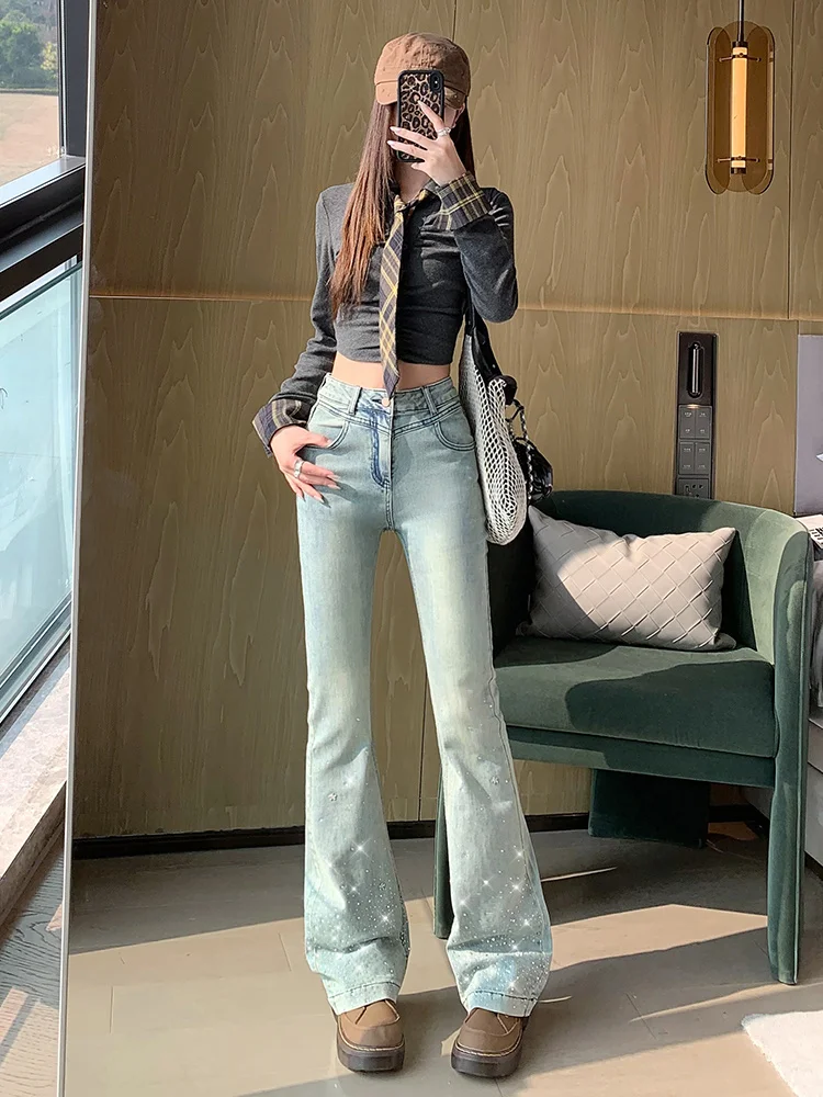 

American Drill Design High Waist Soft Denim High Elastic Micro Flare Women's Spring New Style Slimming Versatile Long Pants