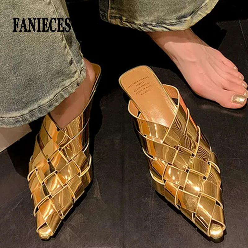 

Woven Hollow Out Pointed Toe Mules Women Summer 2026 New Fashion Square Low Heel Closed Toe Slip On Casual Sandals мюли женские
