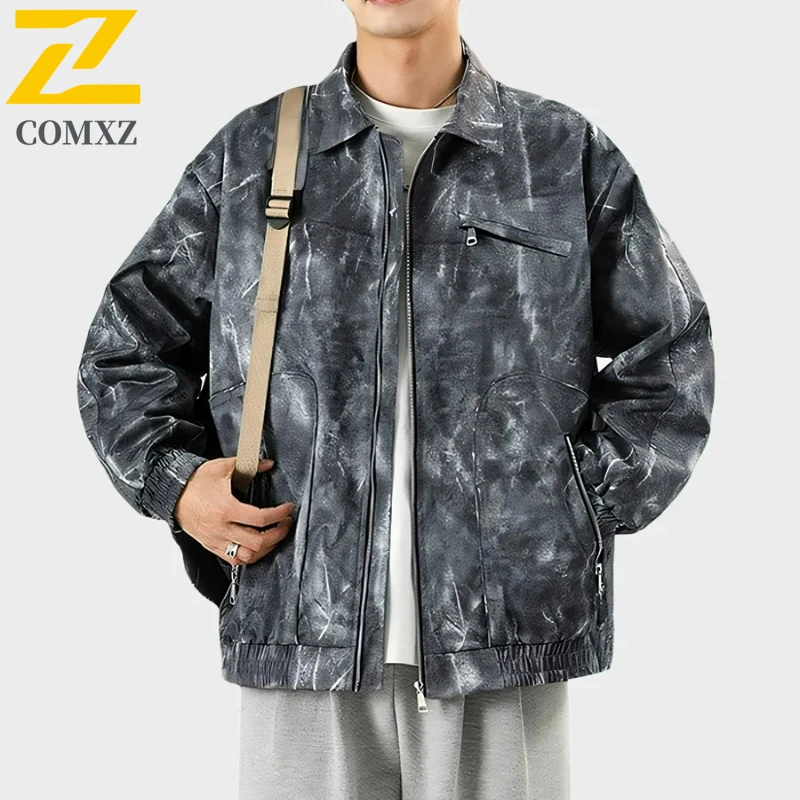 

COMXZ Comfortable Racing Jacket Turndown Collar Camo Loose Japanese Casual Outdoor Fishing Hiking Windbreaker Jacket Men Coat