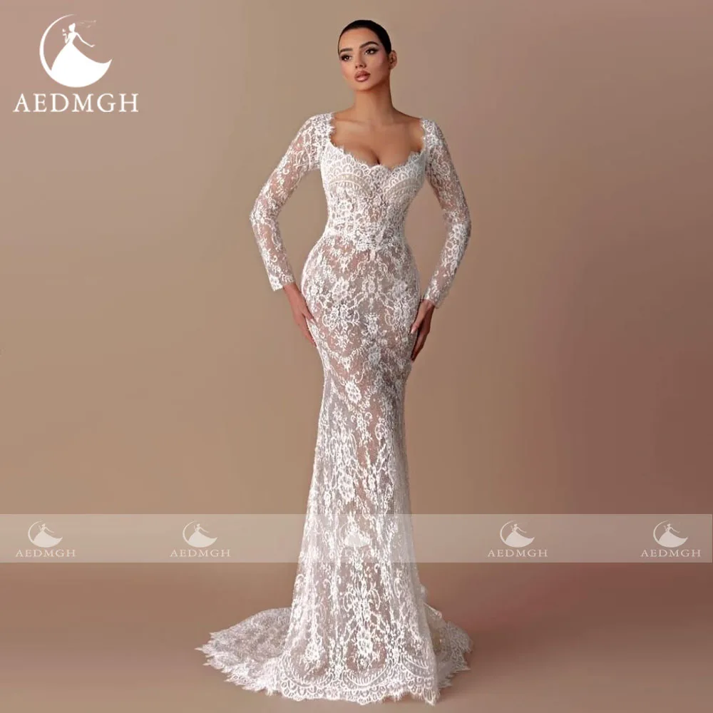 Aedmgh sirène Sexy robes De mariée festonné à manches longues robe De Novia dentelle broderie élégante sur mesure robe De mariée