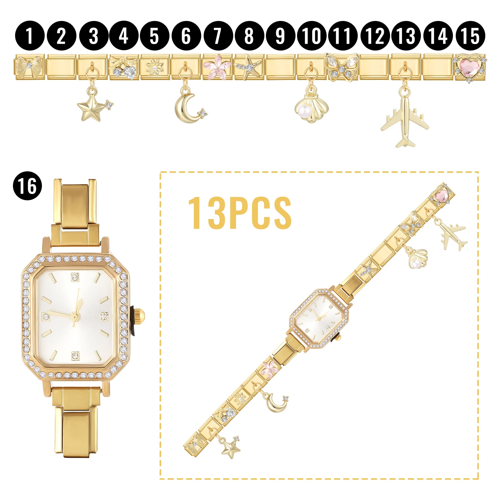 16Pcs/Set Stainless Steel Zircon Charm Links High Quality Fashion Heart Square Watch 9MM Width Bracelet Bangle DIY Jewelry Gifts