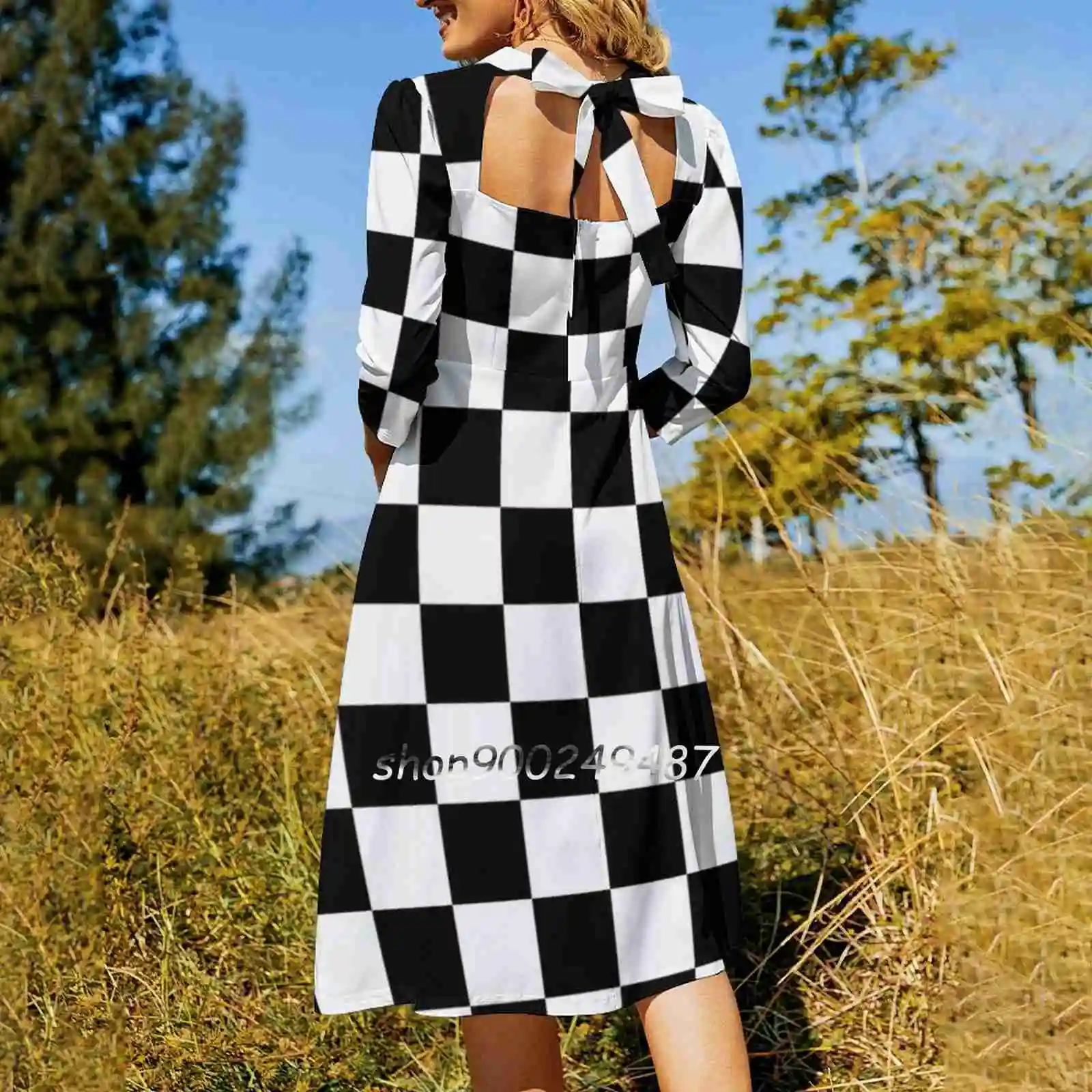 Mod Checkers Square Neck Dress Sweet Summer Dress Women Elegant Halter Print Dress Mod Checkers Tone Checkboard Black And White