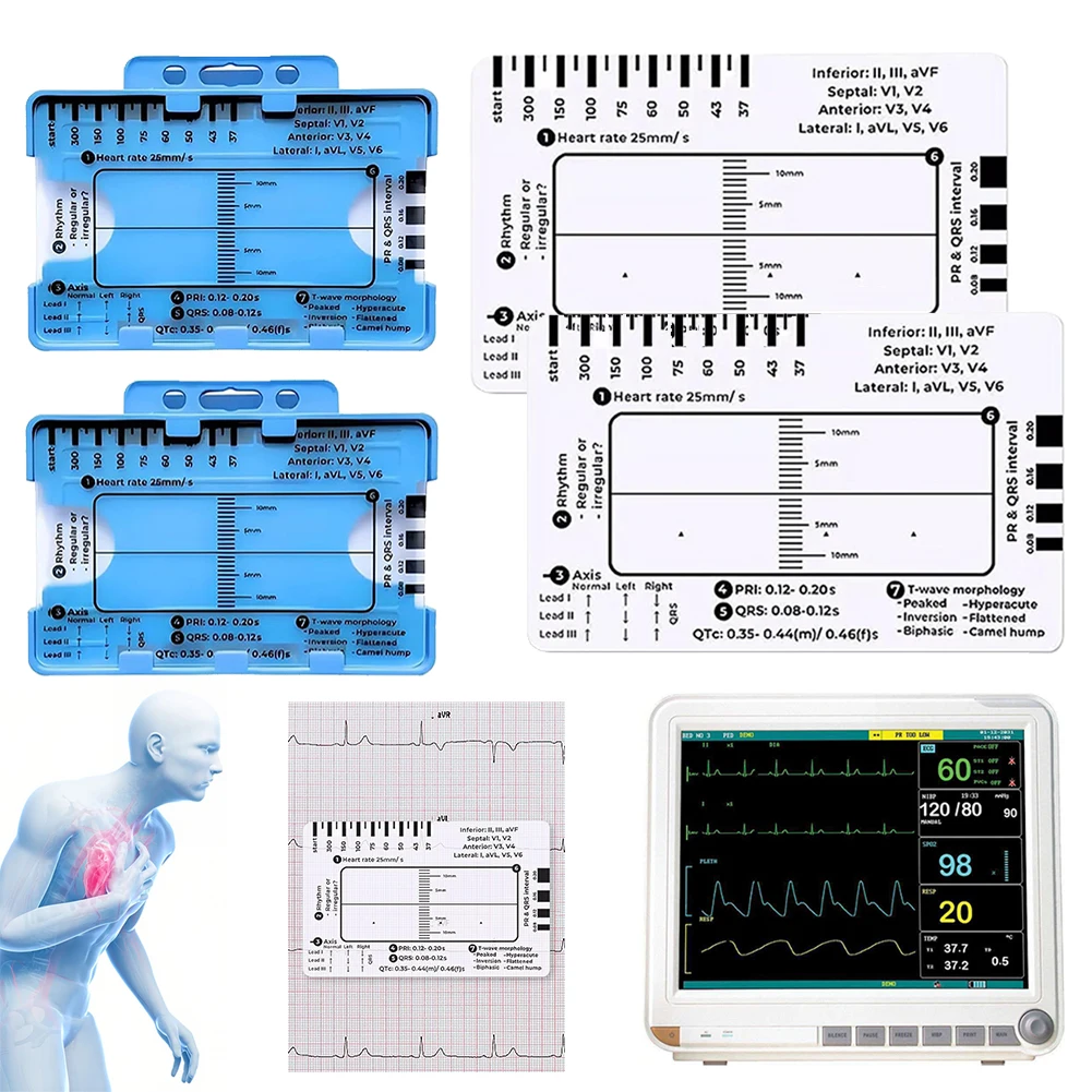 Ecg Regla de 7 pasos Ecg/ekg Tarjeta de regla de 7 pasos, calibrador portátil de bolsillo Ecg Ekg con herramienta de evaluación de funda protectora