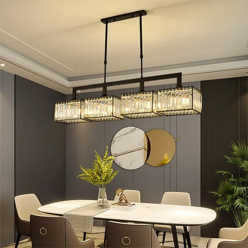 Nordic light luxury restaurant crystal chandelier, one word rectangular three heads, modern simple bar counter long tea room
