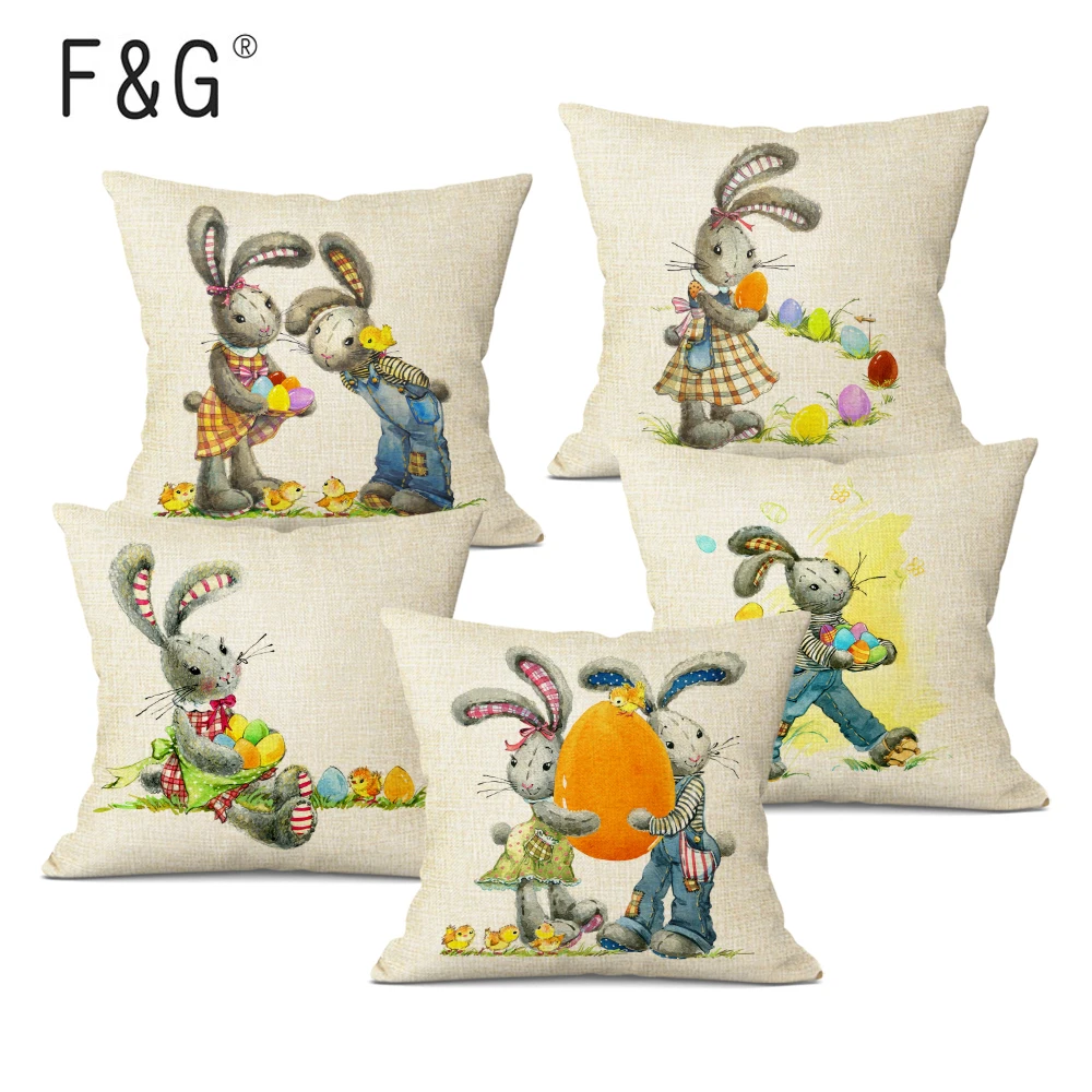 

Happy Easter Cushion Cover Cute Smiling Bunny Rabbit Color Eggs Print Home Decor Pillow Cover For Sofa Bedroom Office