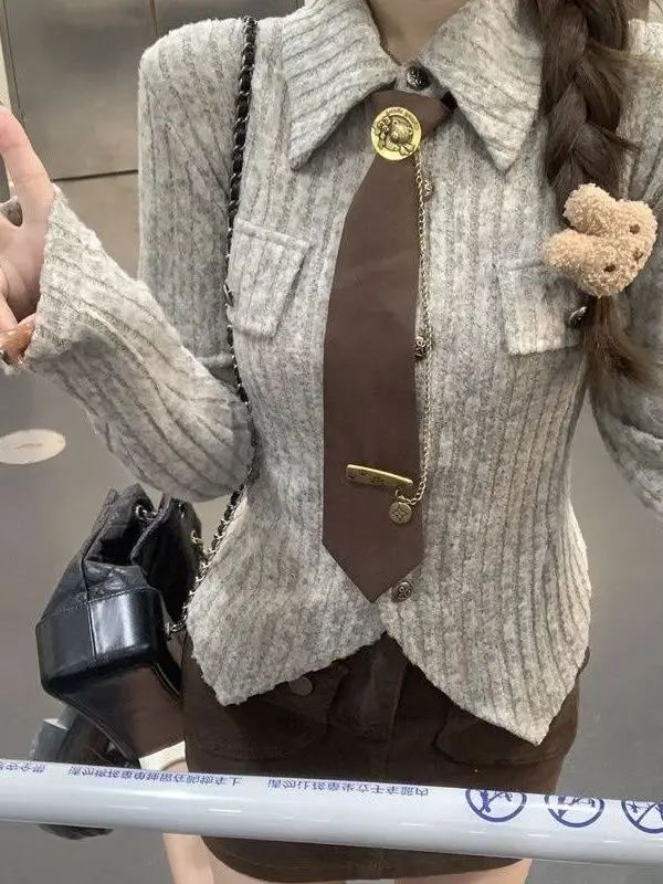 

Вязаная основа для пригородных поездок, женская осенне-зимняя милая пряная школьная воротник с завязками и воротником из двух предметов, моющийся комплект из двух предметов...