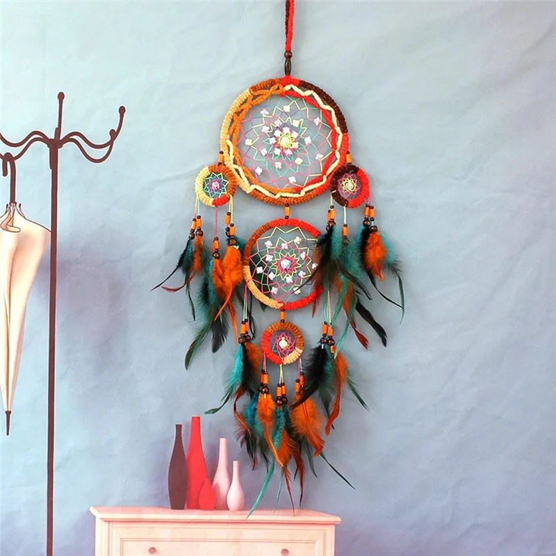 A23E-Handwoven Five Ring Colorful Feather Dream Catcher Net, Wall Decoration, Handmade Dream Catcher Net And Bell Sound