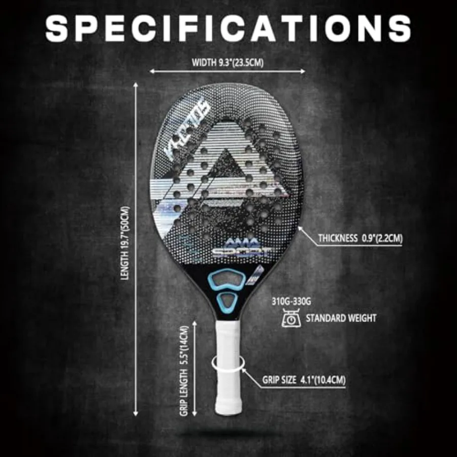 Beach Tennis Racket for advanced players, 3K carbon fiber frame with EVA foam core, blue, lightweight and high-strength perform
