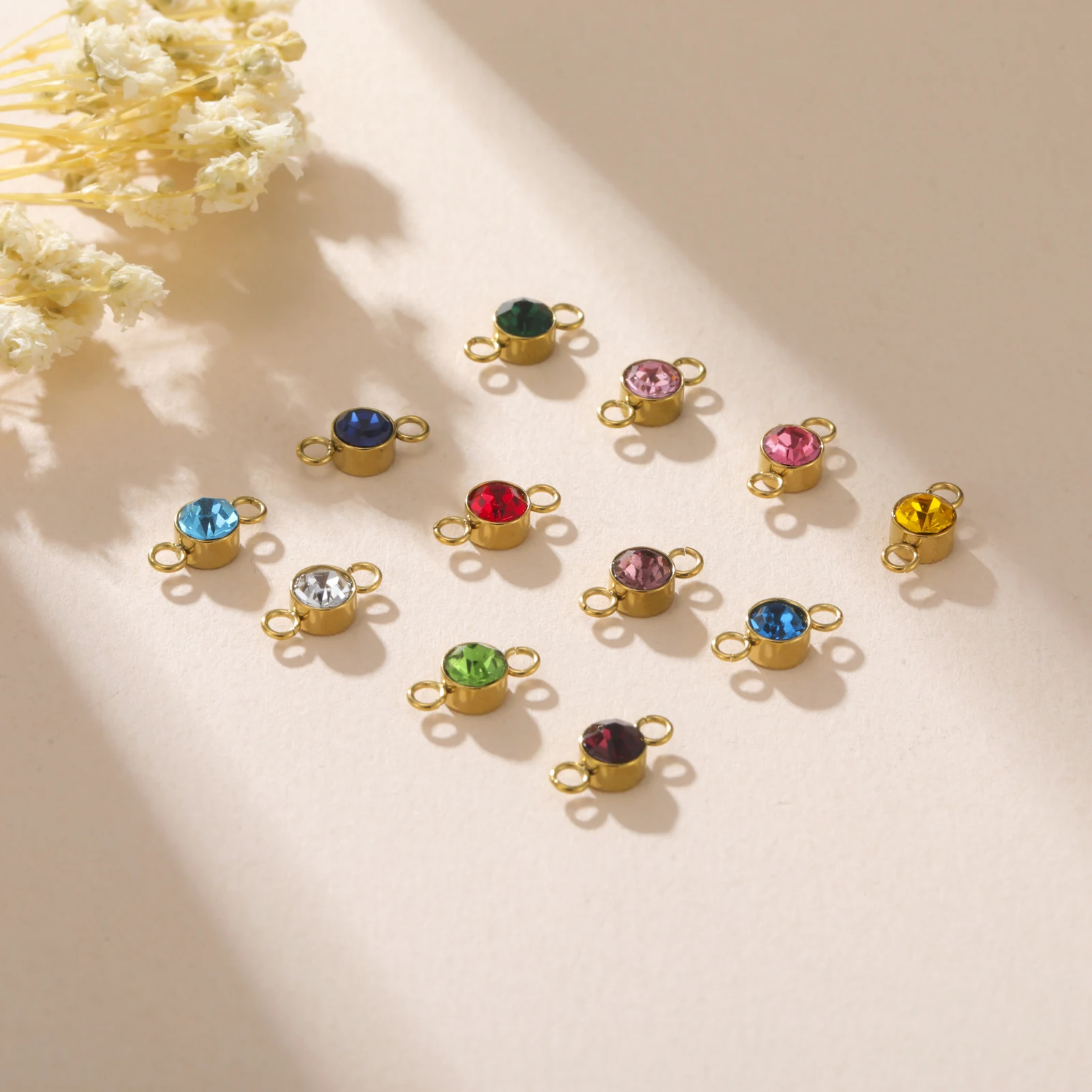 5 Stück/Set 5mm Geburtsstein-Anhänger mit 2 Löchern aus Edelstahl, Kristallanhänger für die Herstellung von Halsketten und Armbändern, DIY-Zubehör – Detail 4