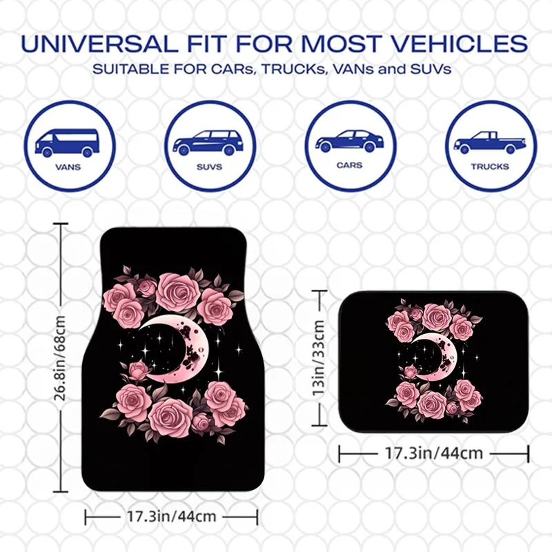 4Pcs Pink Rose Moon Black Car Floor Mats Gothic Floral Style Anti-slip Waterproof Foot Liners Auto Interior Accessories Suit SUV view 2