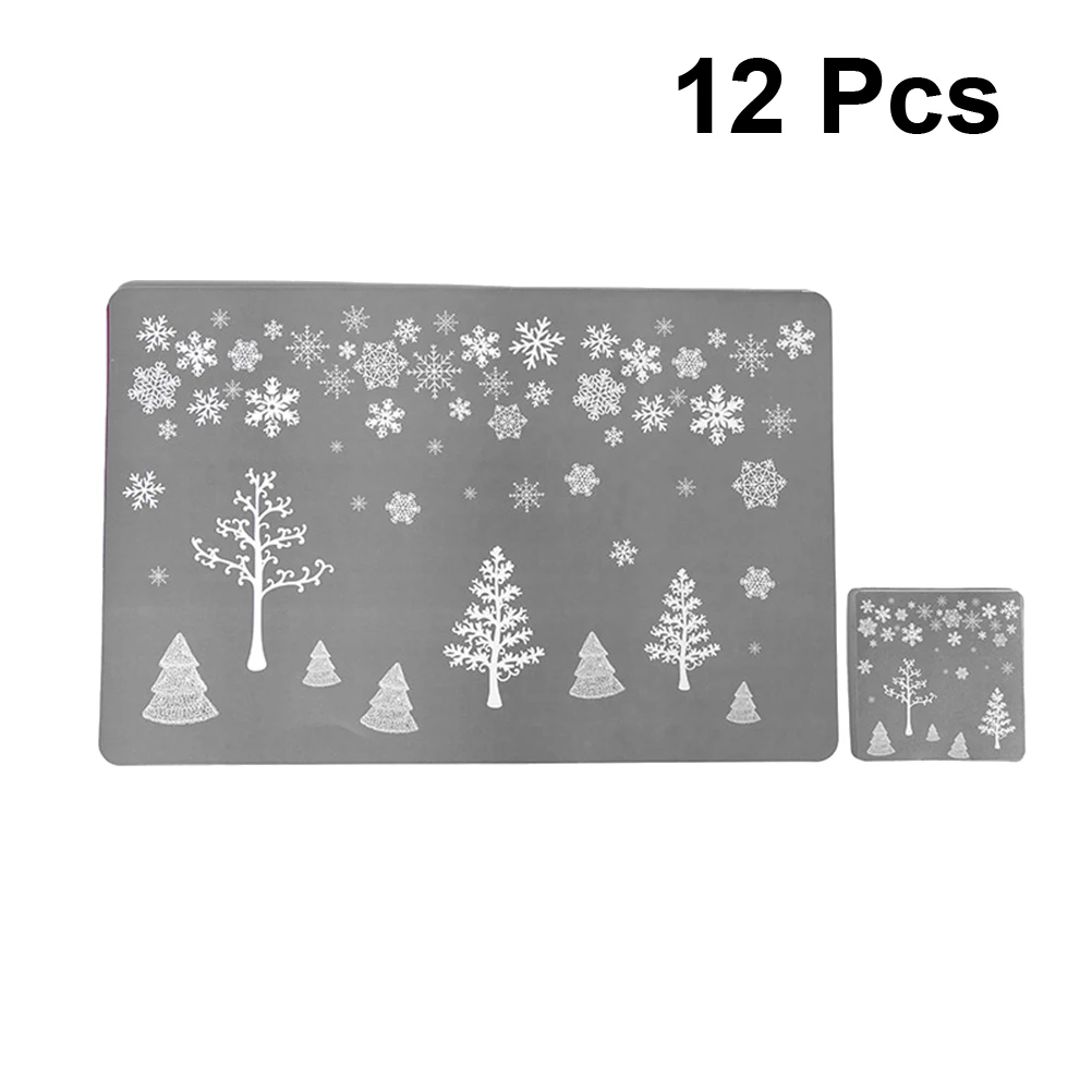 Juego de posavasos y manteles individuales para árbol de Navidad, tapetes de mesa de PVC gris, decoración de protección para comedor, manteles individuales y posavasos, 12 Uds.