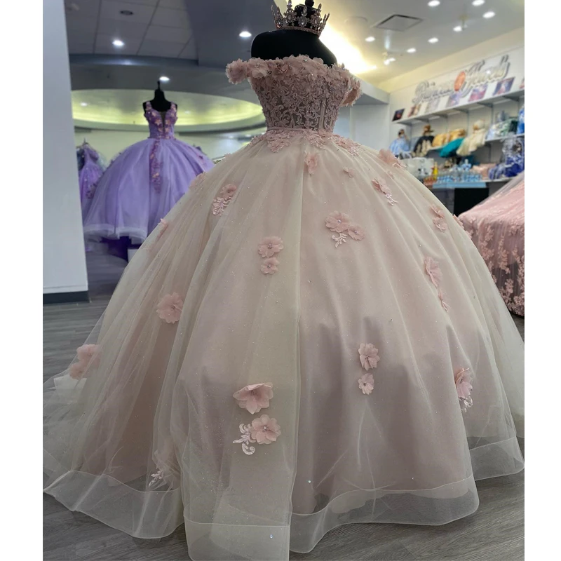 

Pink Shiny Sweetheart Quinceanera Dresses Appliques Beading 3DFlowers Graduation Ball Gowns Tulle Elegent Princess 15