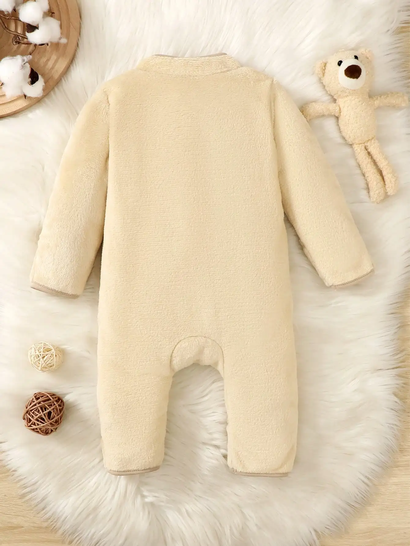 Autumn Apricot Baby Boy Cute Jumpsuit Solid Color Simple Long Sleeve Zipper Cardigan Cute Fluffy Bag Hand Wrapped Feet Onesie