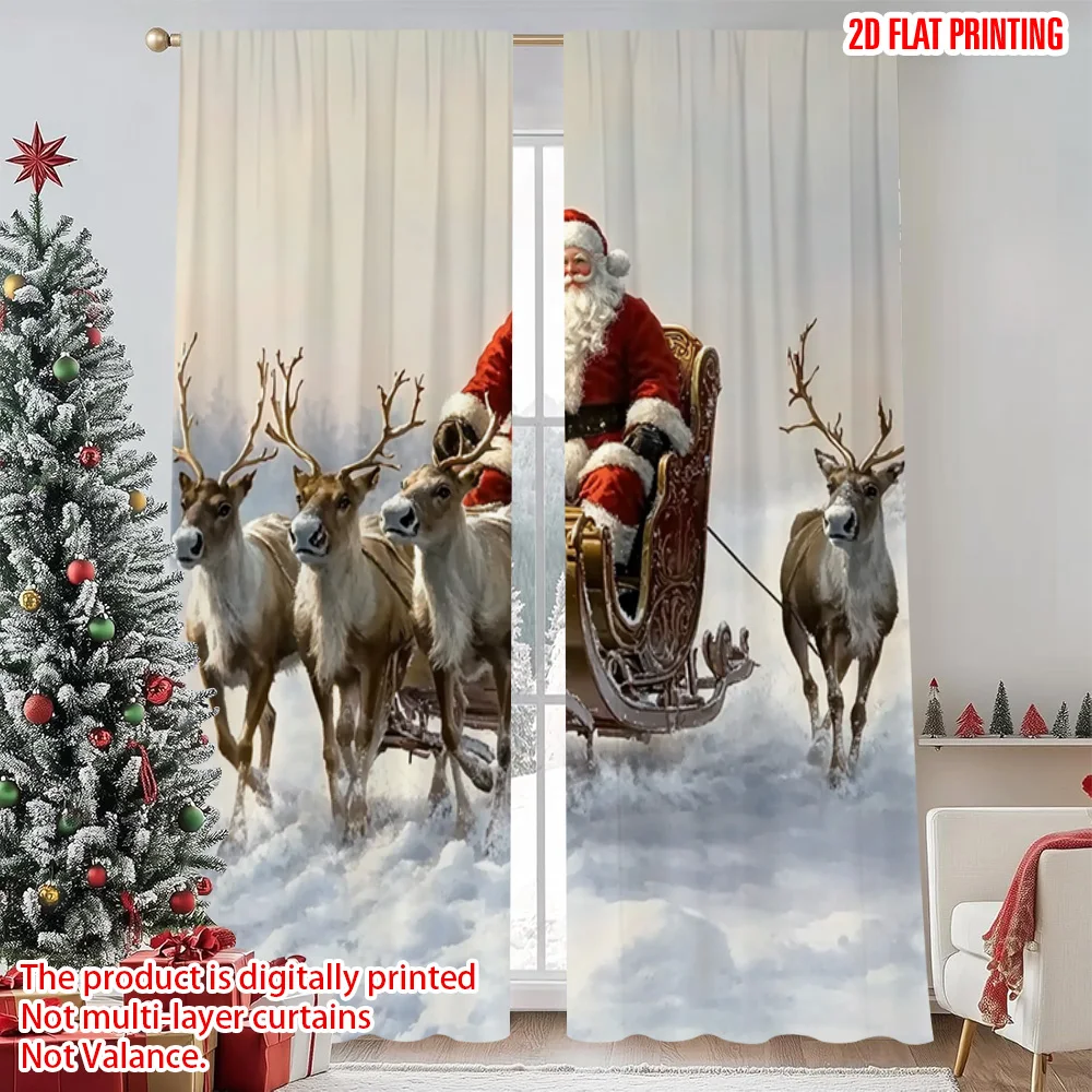 

2pcs 2D flat printing Christmas Window Curtains Santa's sleigh Versatile 100% Polyester Without Electricity Festive Wall Decor