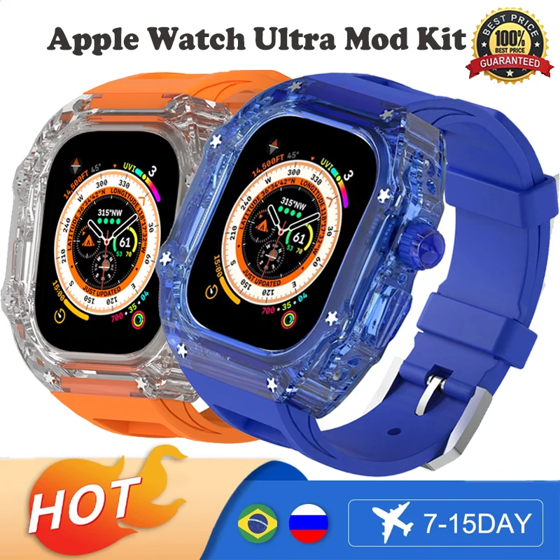 

Transparent Mod Kit Case For Apple Watch 49mm 45MM 44MM Fluororubber Band For iWatch Series Ultra 8 7 6 5 4 SE Silicone Strap