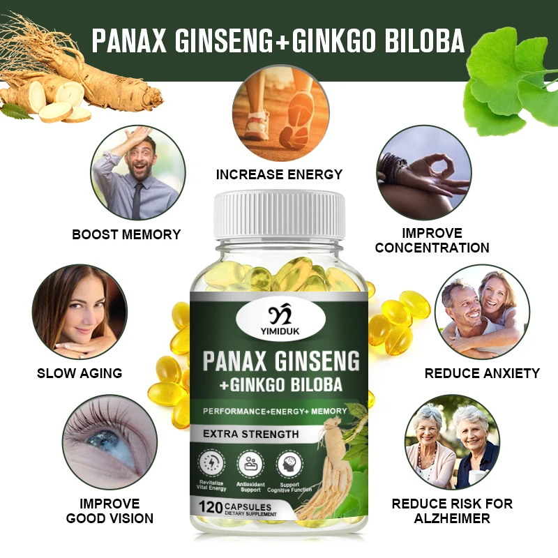 Korean Red Panax Ginseng + Ginkgo Biloba Capsules Increases Energy, Mood, Stamina & Performance Supports Mental Health