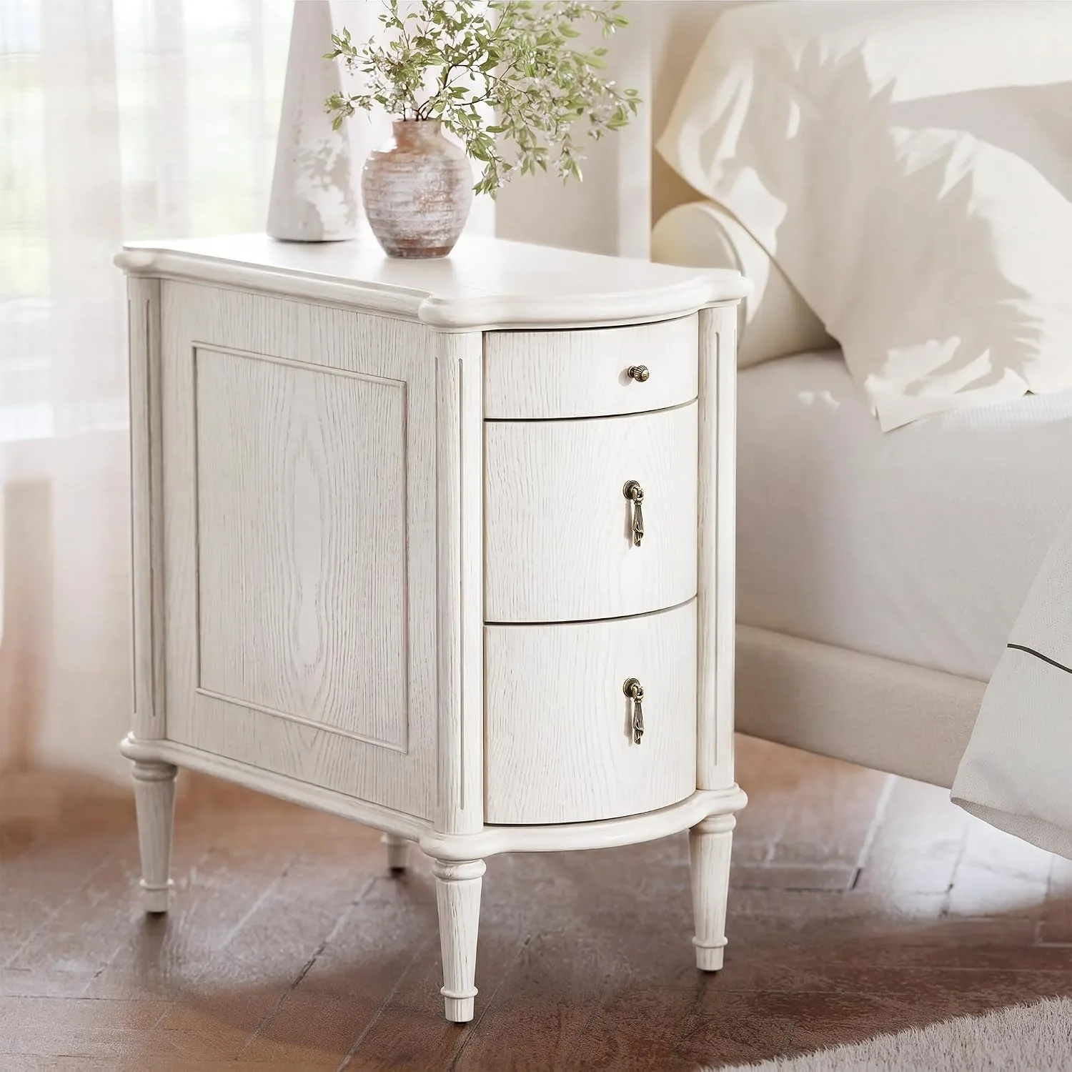 Nightstand w/Charging Station & 3 Drawers, Pre-Assembled, Vintage Side Table w/Antique-Finished Pulls, Rustic Wood Finish, Narrow End Table w/Turned Legs for Bedroom (1, Ivory White)
