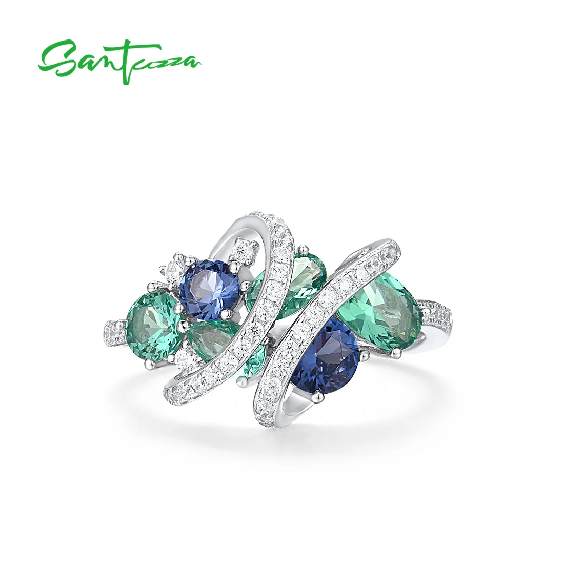 SANTUZZA 925 Sterling Silver Rings For Women Green Blue Spinel White CZ Gemstone Original anillos Wedding Gifts Fine Jewelry