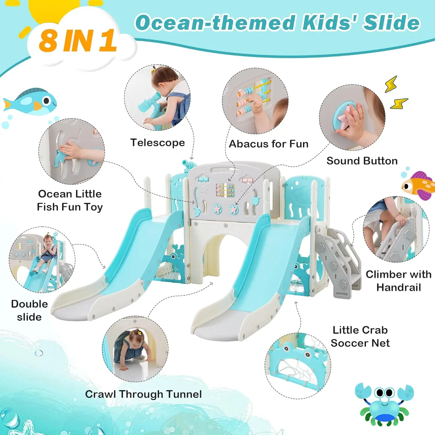 Undersea Adventure Toddler Slide, 8-in-1 Kids Indoor Outdoor Playset with Double Slides, Basketball Hoop & Telescope, Outdoor