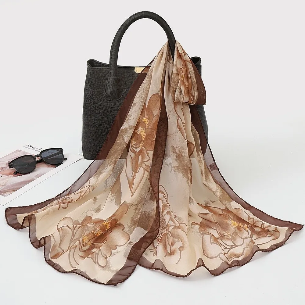 

Шелковый шарф из шифона с цветочным принтом, тонкий, дышащий, длинный, модный шарф с лотосом