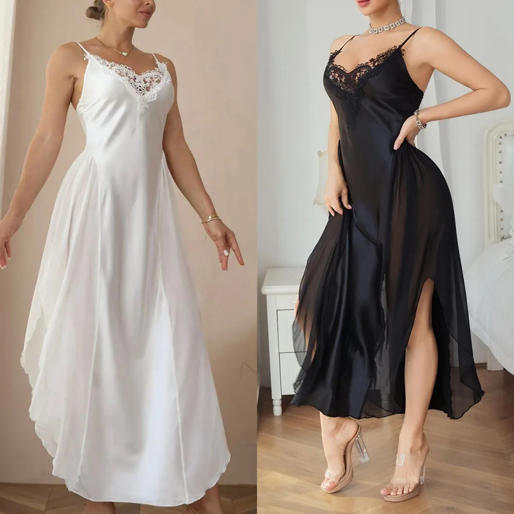 

Ladies Summer Long Lace Nightgowns with Side Slits Spaghetti Straps Thin V-Neck Imitation Silk Elegant Nightgowns