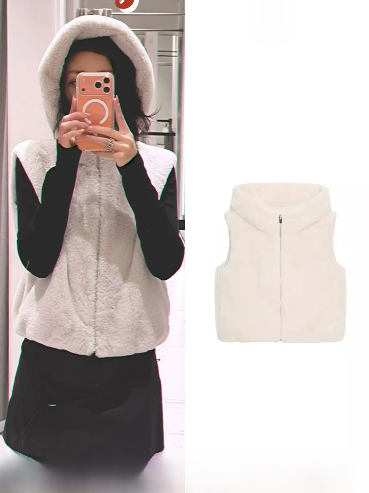 

Fall Winter New Arrival Women's Short Hooded Faux Fur Effect Vest Zipper Jacket 6318800 712 Commute Style Thickened Inner Pol...