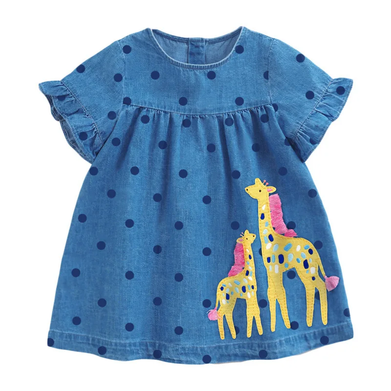 2022 Kids Dresses for Girls Cartoon Giraffe Graphics Denim Dress Toddler Girl Party Dresses Summer Polka Dots Print Dress 2-7y