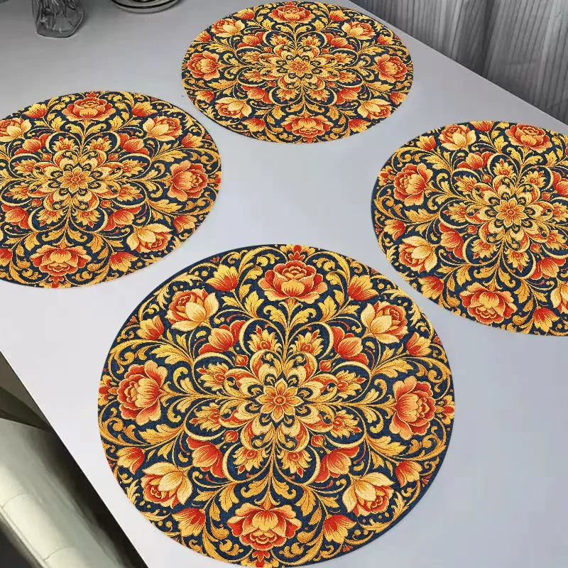 VIKAMA New Chinese Elegant Ink Flower Round Linen Meal Mat Insulation and Wear resistant Table Mat Desktop Decoration