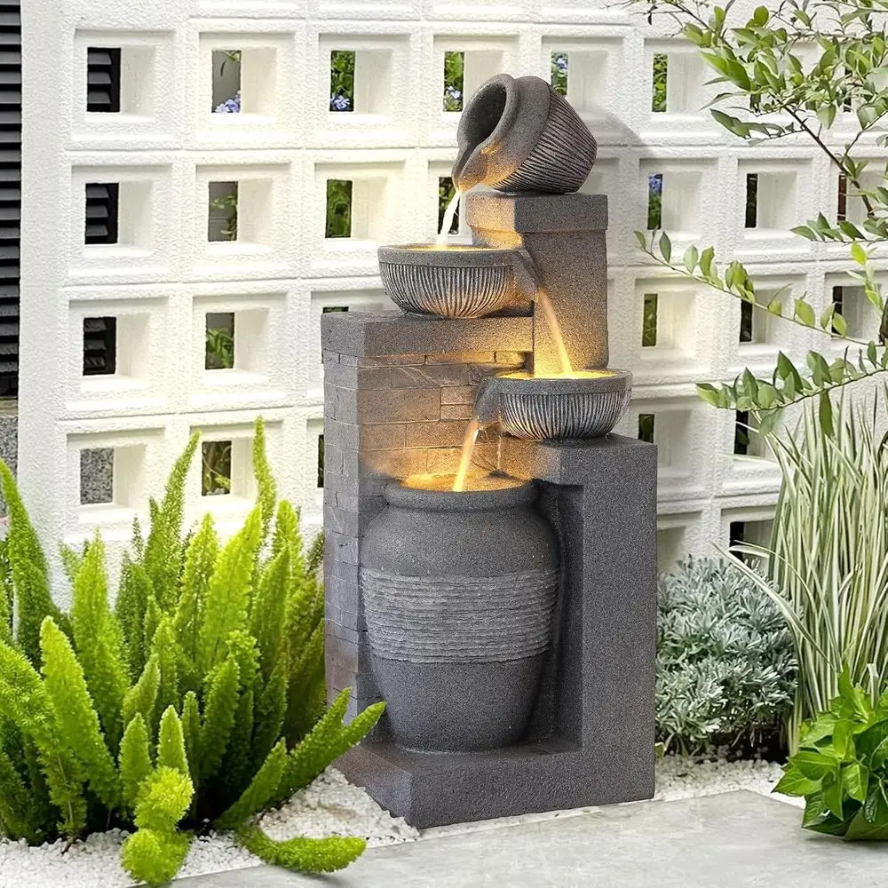 4-Tiers Indoor/Outdoor Garden Water Fountain, 32 H Cascading Water Feature with LED Lights, Outdoor Floor Standing Waterfalls fo