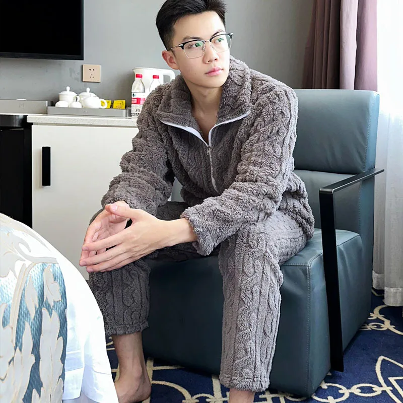 Winter High Collar Men Pajamas Set Sleepwear Thickened Warm High Collar Pijamas Suit Lounge Wear Loose Casual Home Clothes