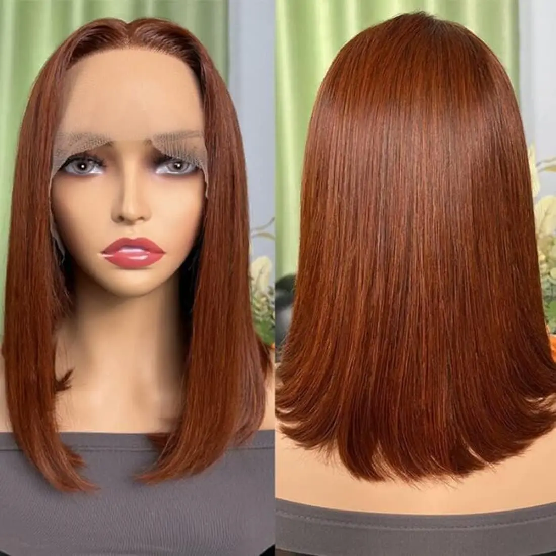 Peluca Bob corta de cabello humano, color marrón rojizo, 13x4, encaje frontal, prearrancada con cabello de bebé, 180 de densidad