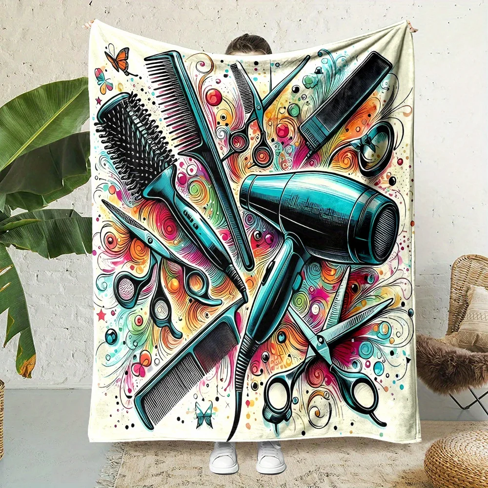 Novelty Salon Hair Tools Throw Blanket Cozy Artistic Art Decoration Picnic Bath Salon Brush Dryer Gift for Manicure Station