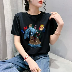 100% Cotton 2023 New Summer European Style T-Shirt Chic Sexy Shiny Diamonds Ribbit Women Tops Short Sleeve Loose Hot Tees 33094