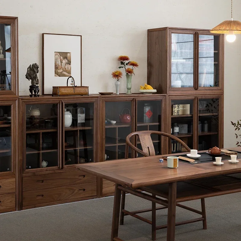 Nueva estantería china de nogal negro de madera Pu, armario de madera maciza, vitrina de pared entera de vidrio