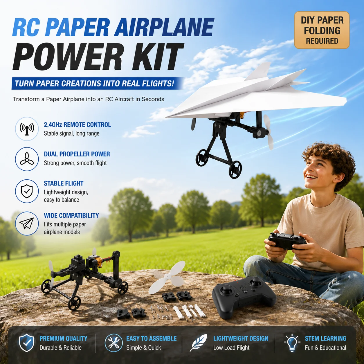 Electric Powered Paper Airplane DIY Power Kit Foldable Lightweight Propeller Driven For Aviation Enthusiasts Outdoor Flying